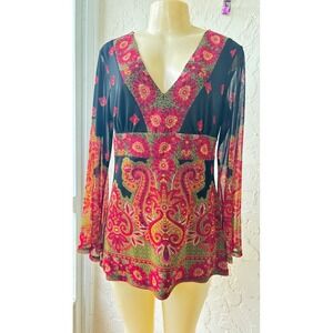 INC International Concepts Large Mesh Paisley Tunic Top Bell Sleeve Boho Y2K